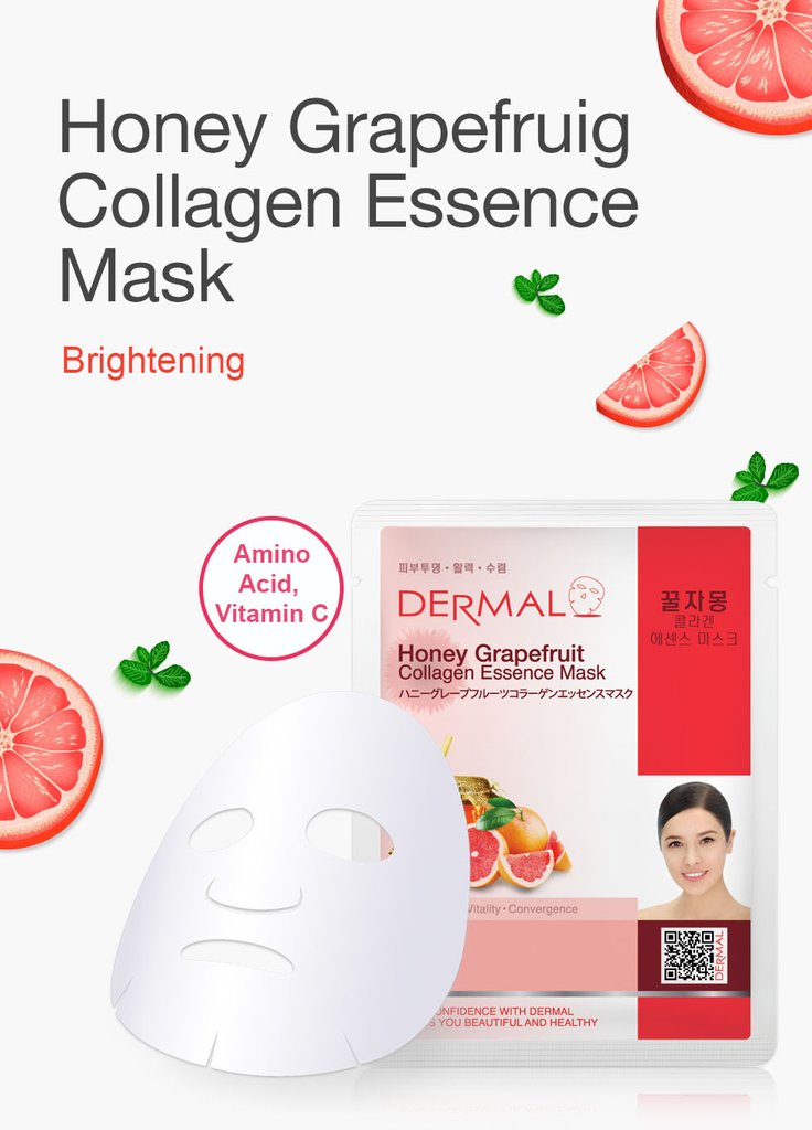 Dermal Korea Honey Grapefruit Collagen Essence Face Mask (Pack of 5